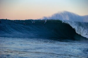 Surfers riding a large wave at sunset