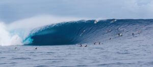 Limited edition panoramic wall fine art of a massive barrel at Cloudbreak Fiji, museum-quality ocean photography with certificate of authenticity by Fred Pompermayer.