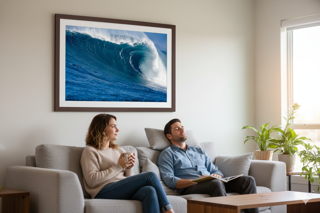 Living room interior with large fine art wave photography showing the Blue Mind health benefits.