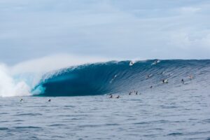 A massive, "cartoonish" 20-foot barrel at Cloudbreak, Fiji, during the 2012 Thundercloud swell, showing the structural enormity of the South Pacific.
